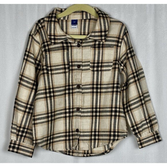 Old Navy Girls Size 5T Long-Sleeve Plaid Pocket Shirt In Neutral Plaid - Picture 1 of 10